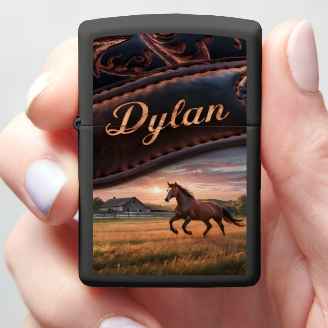 Dylan's Horse Running at Sunset Zippo Lighter (In Hand)