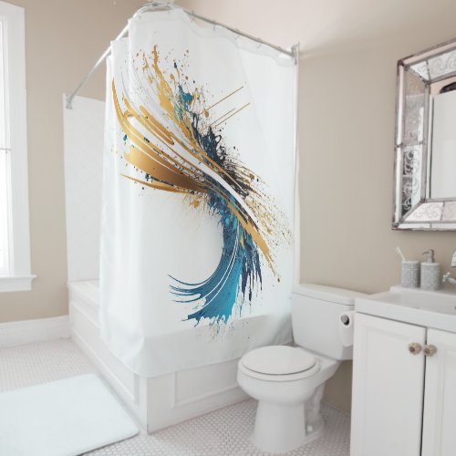 Dynamic Abstract Splash White Teal Gold Tablecloth Shower Curtain