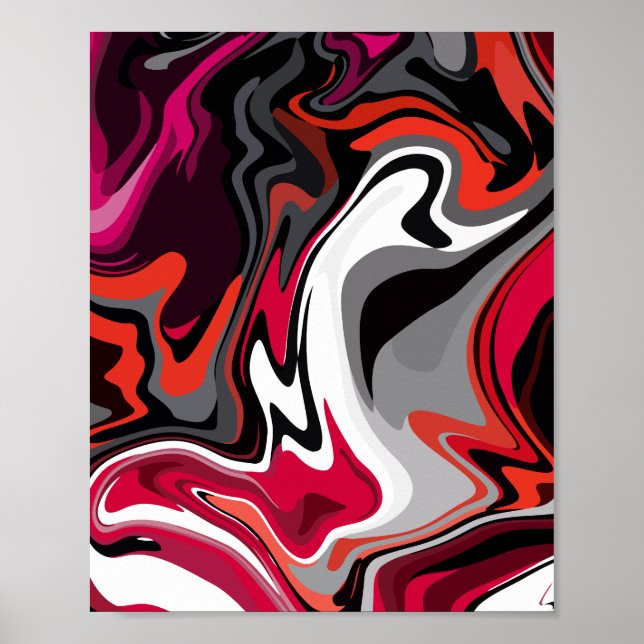 Dynamic Abstract Swirl of Red, Black, white & Gray Poster (Front)