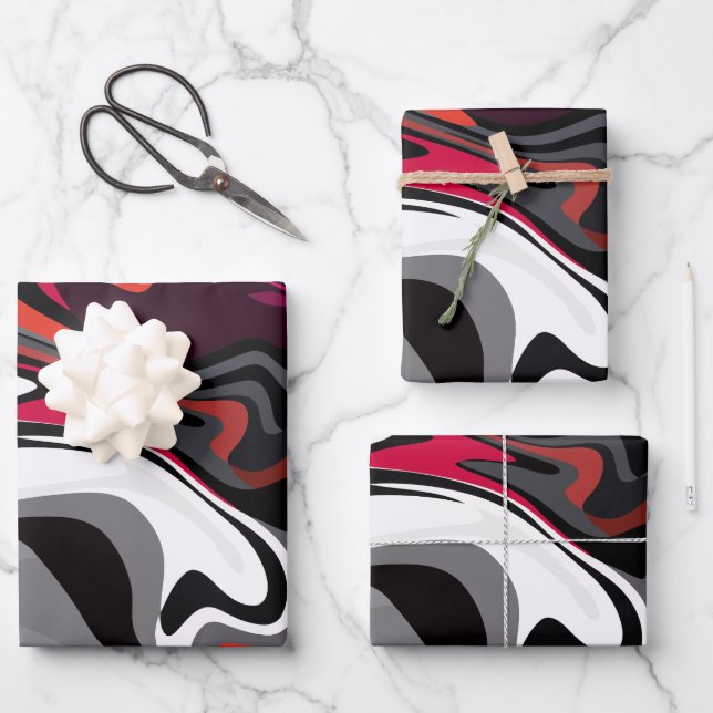 Dynamic Abstract Swirl of Red, Black, white & Gray Wrapping Paper Sheets (Front)