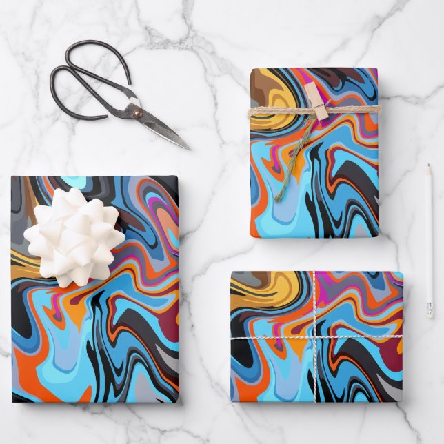 Dynamic Abstract Swirls with Blue, Orange, & Black Wrapping Paper Sheets (Front)