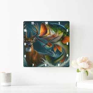 Dynamic Bass and Deer Square Wall Clock