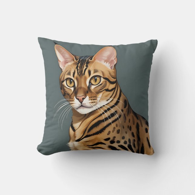 Dynamic Bengal Cat Portrait with Distinctive Spots Throw Pillow (Front)
