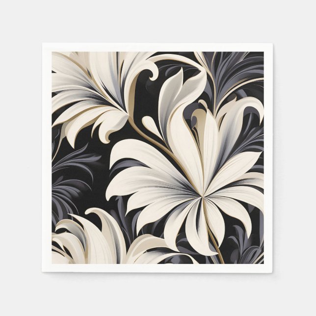Dynamic Black And White Botanical Pattern Napkins (Front)