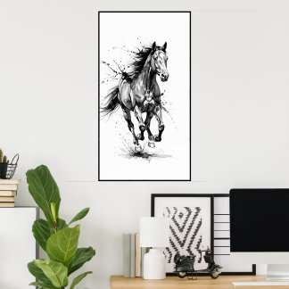 Dynamic Black and White Horse Poster