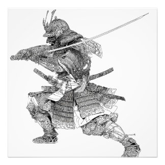 Dynamic Black White Samurai Warrior Drawing Photo Print