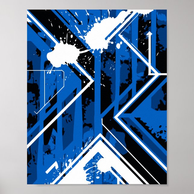 Dynamic Blue Geometry with White Paint Splashes Poster (Front)