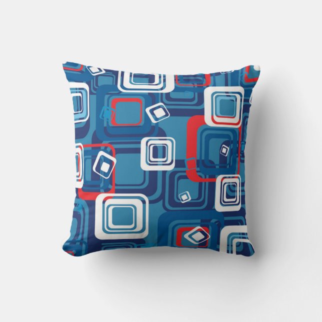  “Dynamic Blue & Red Geometric Grid” Throw Pillow (Front)