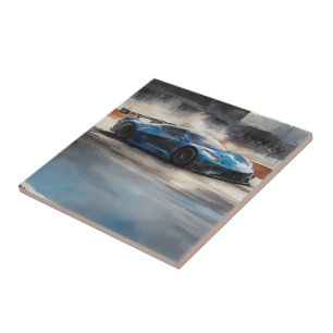Dynamic Blue Urban Race Scene Ceramic Tile