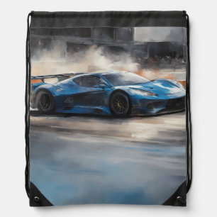 Dynamic Blue Urban Race Scene Drawstring Bag