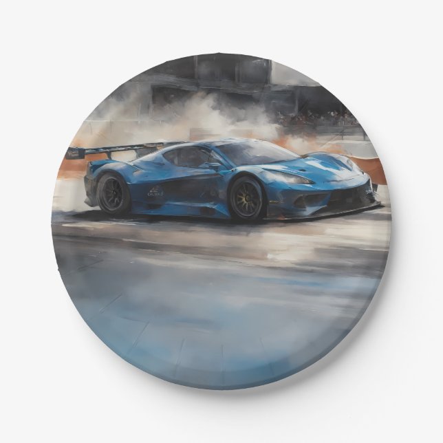 Dynamic Blue Urban Race Scene Paper Plates (Front)