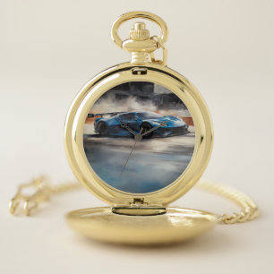 Dynamic Blue Urban Race Scene Pocket Watch