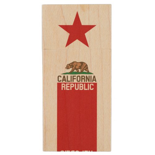 Dynamic California State Flag Graphic on a Wood Flash Drive