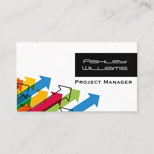 Dynamic Colorful Arrows Modern Project Manager Business Card (Front)
