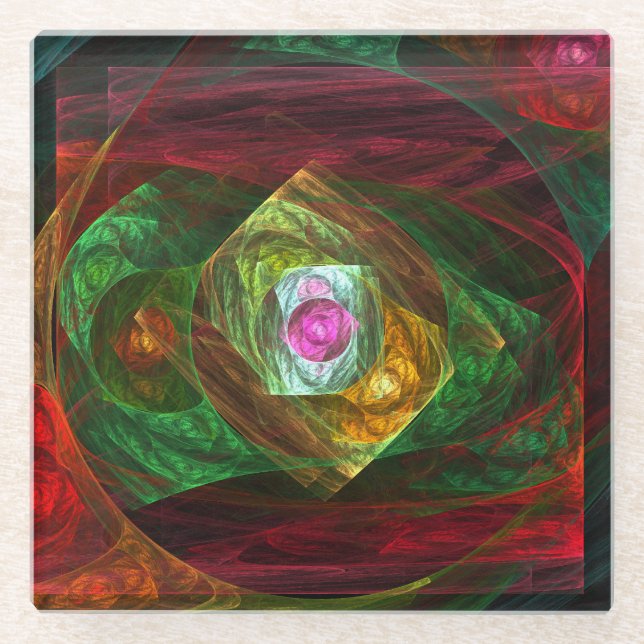 Dynamic Connections Luminous Abstract Fractal Art Glass Coaster (Front)