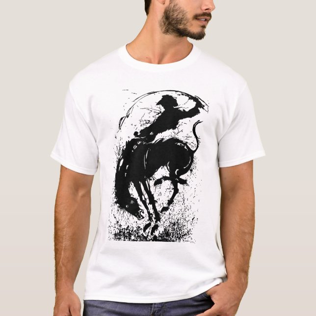 Dynamic Cowboy Rodeo Silhouette Art T-Shirt (Front)