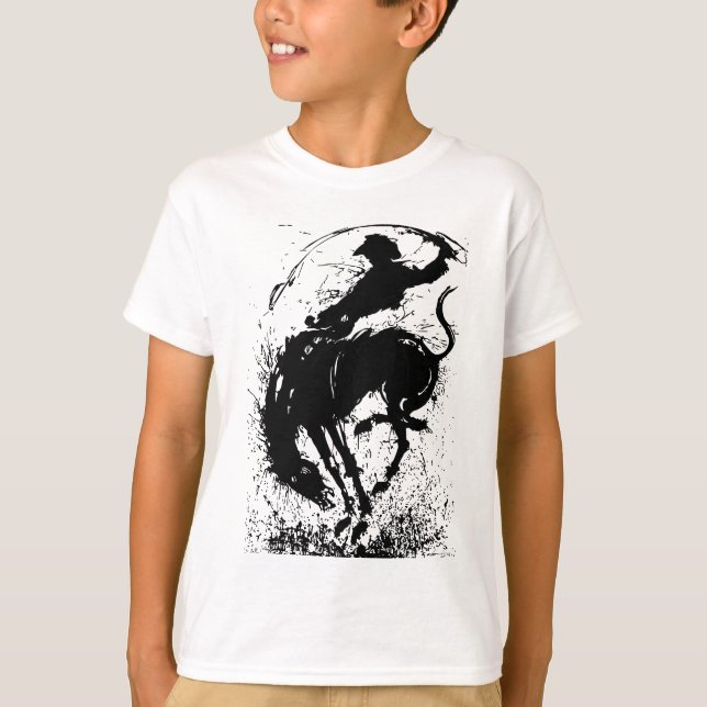 Dynamic Cowboy Rodeo Silhouette Art T-Shirt (Front)