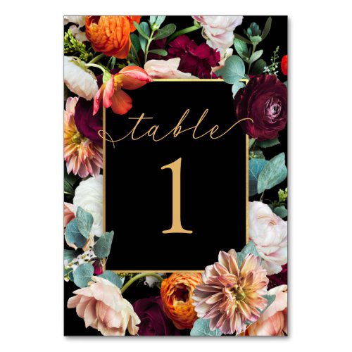 Dynamic Deep Floral  Gold Wedding Table Number