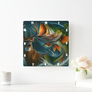 Dynamic Deer and Bass Leaps Dramatically Square Wall Clock