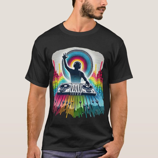 Dynamic DJ Silhouette T-Shirt with Vibrant Equaliz (Front)