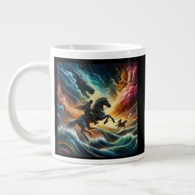 Dynamic Duo: Stormy Horseback Adventure Giant Coffee Mug (Left)