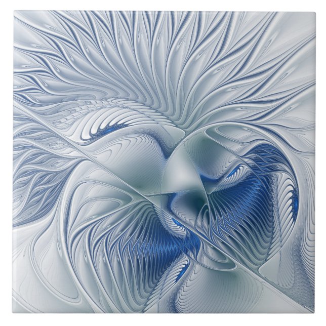 Dynamic Fantasy Abstract Blue Tones Fractal Art Ceramic Tile (Front)
