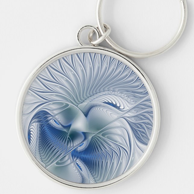 Dynamic Fantasy Abstract Blue Tones Fractal Art Keychain (Front)