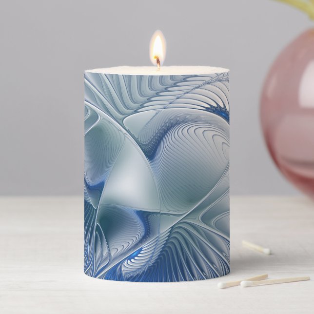 Dynamic Fantasy Abstract Blue Tones Fractal Art Pillar Candle (In Situ)