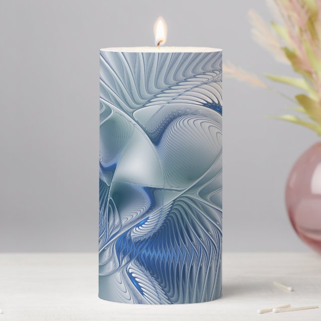 Dynamic Fantasy Abstract Blue Tones Fractal Art Pillar Candle (In Situ)