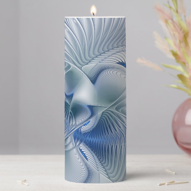 Dynamic Fantasy Abstract Blue Tones Fractal Art Pillar Candle (In Situ)
