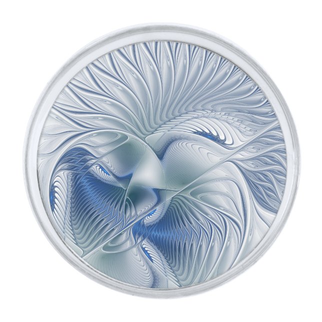 Dynamic Fantasy Abstract Blue Tones Fractal Art Silver Finish Lapel Pin (Front)
