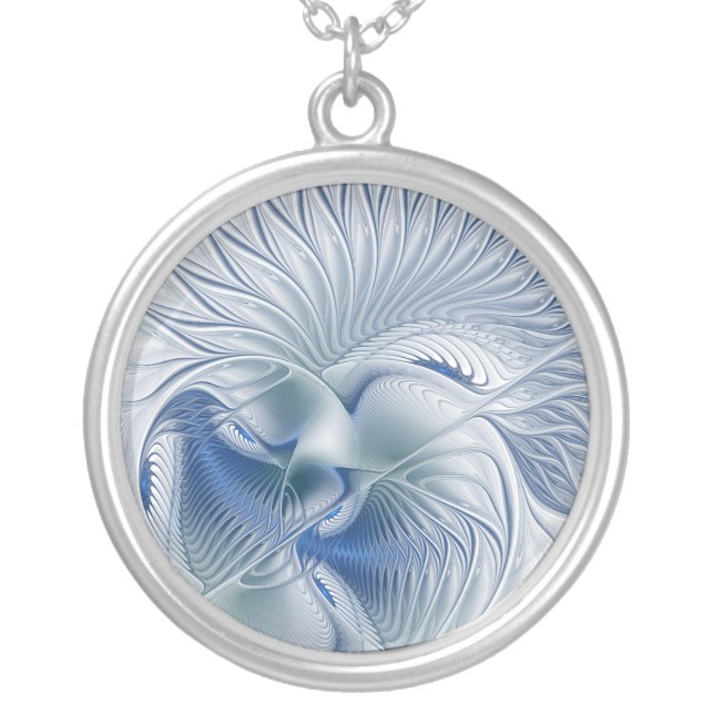Dynamic Fantasy Abstract Blue Tones Fractal Art Silver Plated Necklace (Front)