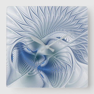 Dynamic Fantasy Abstract Blue Tones Fractal Art Square Wall Clock