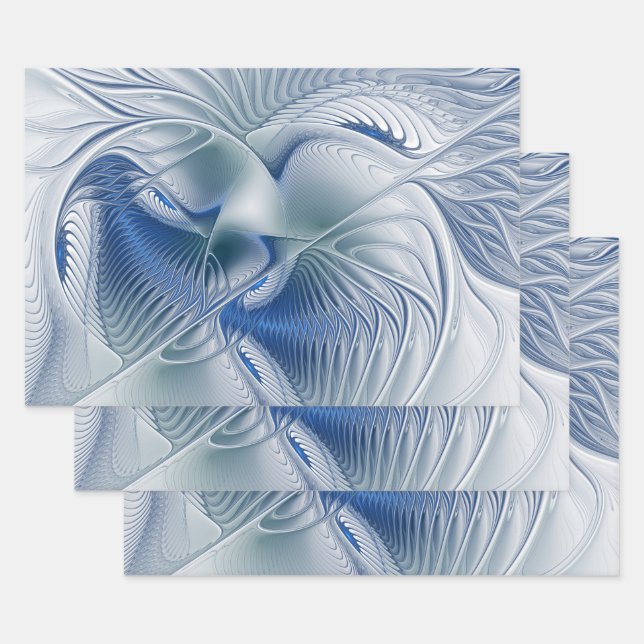 Dynamic Fantasy Abstract Blue Tones Fractal Art Wrapping Paper Sheets (Set)