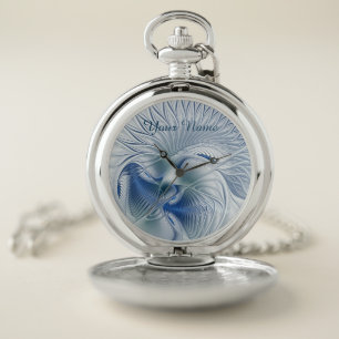 Dynamic Fantasy Abstract Blue Tones Fractal Name Pocket Watch