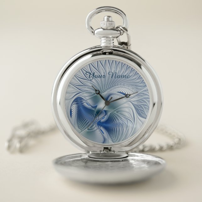 Dynamic Fantasy Abstract Blue Tones Fractal Name Pocket Watch (Inside)