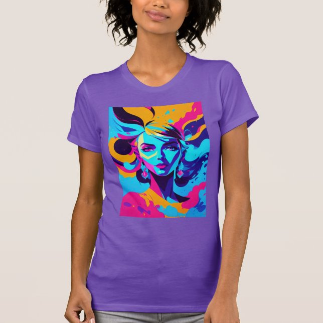Dynamic Female Anime Face In Bright Blues T-Shirt (Front)