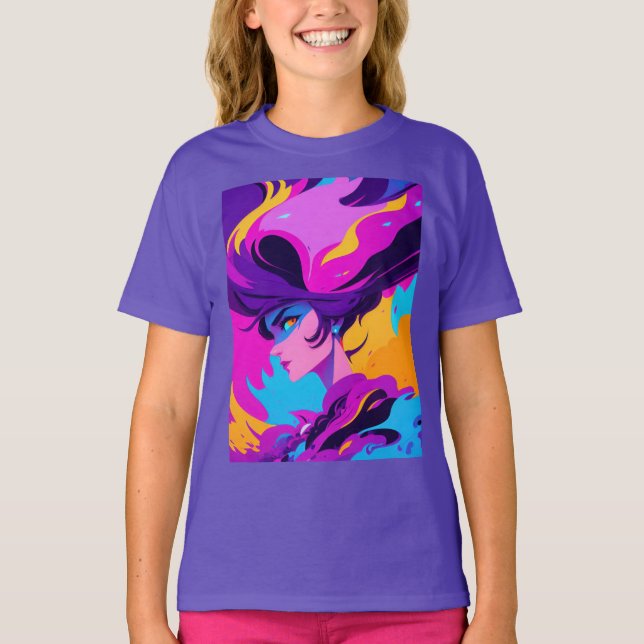 Dynamic Female Anime Profile In Bright Pinks T-Shirt (Front)