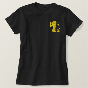 Dynamic Female Golfer Mid-Swing Bold Design Embroidered Shirt