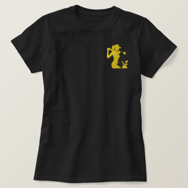 Dynamic Female Golfer Mid-Swing Bold Design Embroidered Shirt (Design Front)