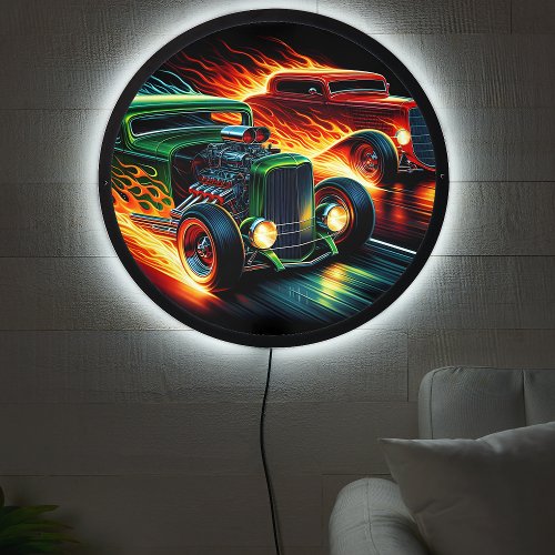 Dynamic hotrod duel on a neon_lit street LED sign