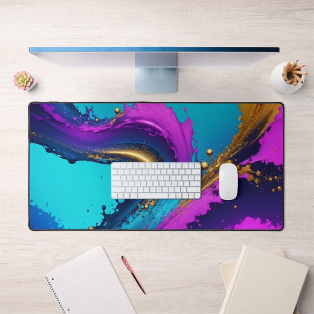 Dynamic Liquid Abstract, Gold Teal Black & Purple Desk Mat (Office 1)