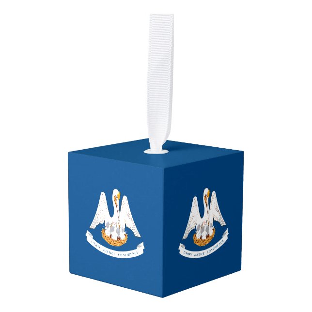 Dynamic Louisiana State Flag Graphic on a Cube Ornament (Front Angled)