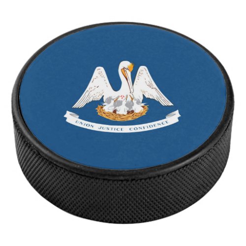 Dynamic Louisiana State Flag Graphic on a Hockey Puck