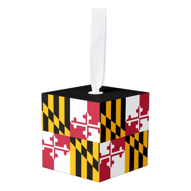 Dynamic Maryland State Flag Graphic on a Cube Ornament (Front Angled)