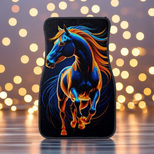 Dynamic Mustang: Neon Power and Motion Car Floor Mat