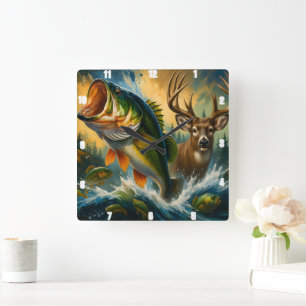 Dynamic Nature Bass And Deer Square Wall Clock