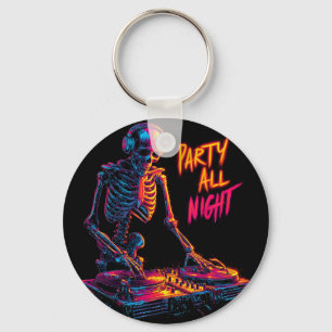 Dynamic Neon-Colored Skeleton DJ Spinning Records  Keychain