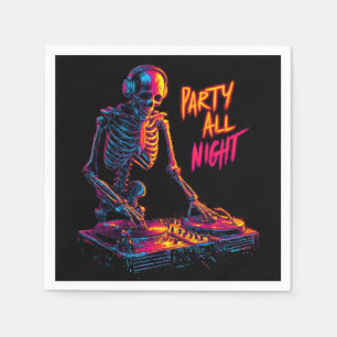 Dynamic Neon-Colored Skeleton DJ Spinning Records Napkins