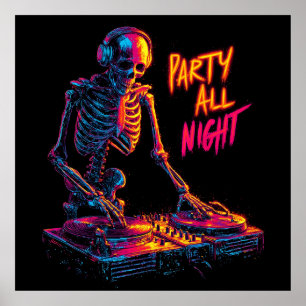 Dynamic Neon-Colored Skeleton DJ Spinning Records  Poster
